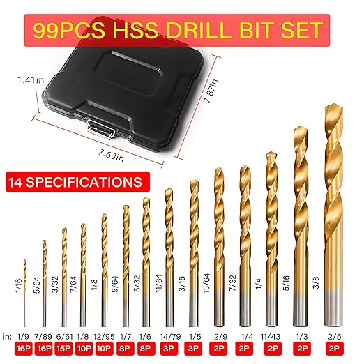 99pcs Titanium Coated Drill Bit Set,Twist Drill Bits for Drilling Wood Copper Aluminum Alloy Plastic,135째 Point Angle Metric Sizes from 1/16" up to 3/8" with Storage Case