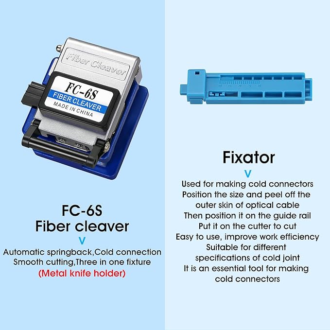 Fiber Optic Termination Tool Kit 10-in-1 Equipped with A-D7 Optical Power Meter (-70 - +10 dBm), FC-6S Fiber Cleaver and Wire Stripping Pliers, Aramid Scissors, Fiber Optic Tool Kit