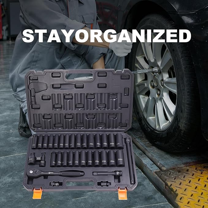 33PCS 1/2" Drive Impact Socket Set 8-22mm, Metric Cr-V Deep & Shallow 6-Point, 5" 10" Extension Bars Universal Joint, Automotive Mechanics Tool Kit, Storage Case