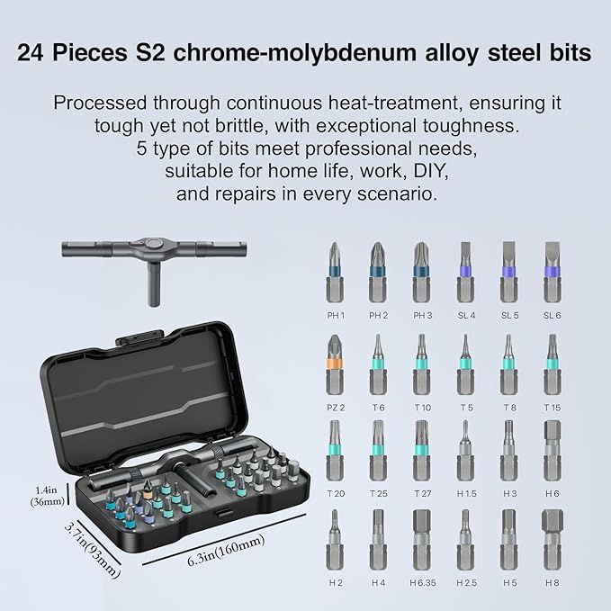24-in-1 Small and Durable Allen&PH/Torx/Slotted Magnetic Screwdriver Set節쏞ompact and Solid T-Handle Set, Detachable Multi-Bit Ratchet Driver for Electronics, Allen Wrench, Phone Repair&Furniture