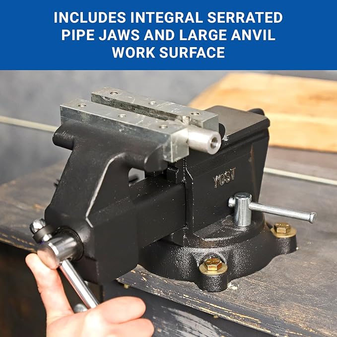 Yost Vises MV-5 5" Wide Jaw Multipurpose Bench Vise | Industrial-Grade Work Table Mechanic Tools for Wood & Metal Works | 360째 Swivel Base | Includes 4 Jaw Dogs