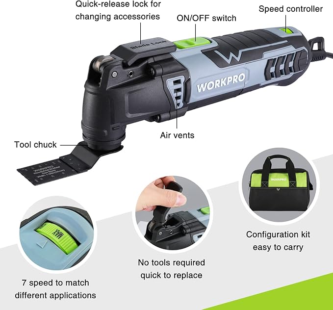 WORKPRO Oscillating Multi-Tool Kit for Christmas, 3.0 Amp Corded Quick-Lock Replaceable Oscillating Saw with 7 Variable Speed, 3째 Oscillation Angle, 17pcs Saw Accessories, and Carrying Bag