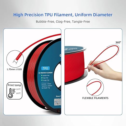 Geeetech TPU Filament 1.75mm, 95A Flexible 3D Printer Filament with High Elasticity, 1KG (2.2lbs) Spool, Dimensional Accuracy 짹0.03mm, Fits Most FDM Printers, Red