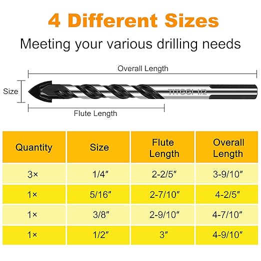 6PCS Masonry Drill Bit Set & Concrete Drill Bit Set 1/4"-1/2" Industrial Strength Carbide Drill Bit Tip for Glass/Brick/Plastic/Cement/Wood/Tile/Etc, by TITGGI