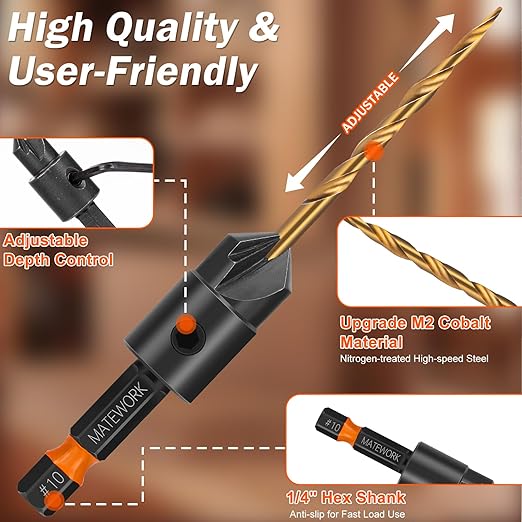 Countersink Drill Bit Set, Matework 11 PCS Counter Sink Drill Bit for Wood, Upgrade 4-Flute #4, #6, #8, #10, #12, Adjustable Depth M2 Cobalt HSS Wood Drill Bit Set with 1/4" Hex Shank and Storage Box