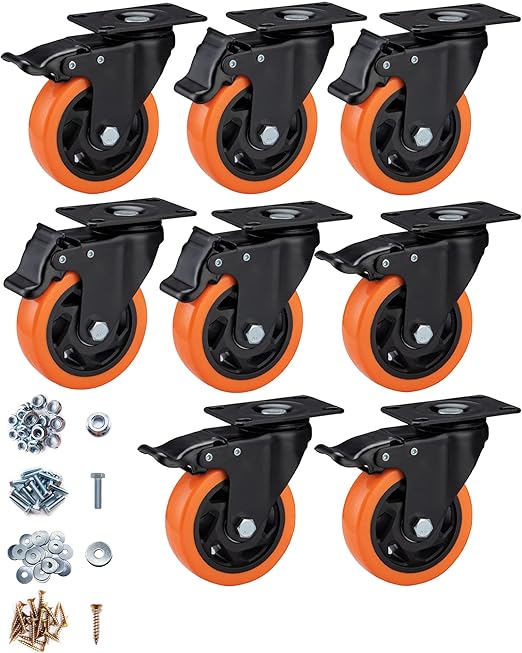 4" Caster Wheels, Casters Set of 8 Heavy Duty - Orange Polyurethane Castors, Top Plate Swivel Wheels, 8 Pack Industrial Casters with Brake, Locking Caster for Furniture and Workbench