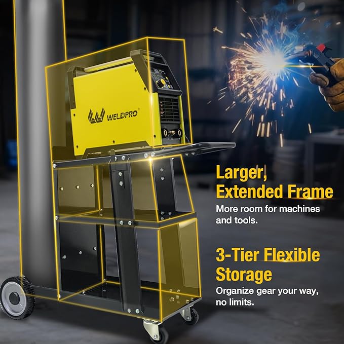 Weldpro Welding Cart for MIG Welder TIG Welder and Plasma Cutter, 3-Tier Heavy Duty welder Cart with 400Lbs Static Weight Capacity, 360째 Rolling Welding Trolley with Swivel Wheels