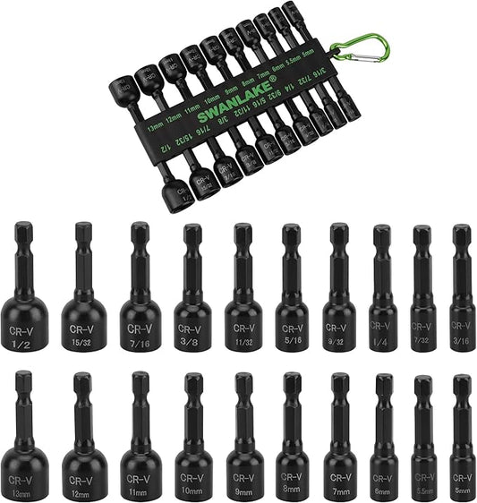 20-Piece Magnetic Nut Driver Set, Metric & SAE 1/4" Hex Shank, Drill Socket Set, Impact Driver Bit Set, Magnetic Bit Holder with Aluminum Alloy Snap Clip, Quick Change Tool