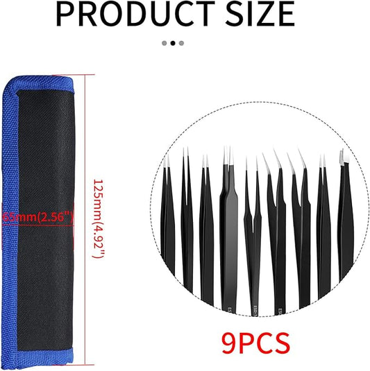 9pcs precision tweezers set, anti-static tweezers set, ESD stainless steel tweezers set, with storage bag