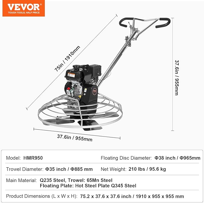 VEVOR Power Trowel, 38??Walk-Behind Cement Trowel with Float Pan, 6HP Gas-Powered Smooth Concrete Surface Finisher, Heavy Duty Commercial Screed Concrete Cement with Finishing Blade, Orange