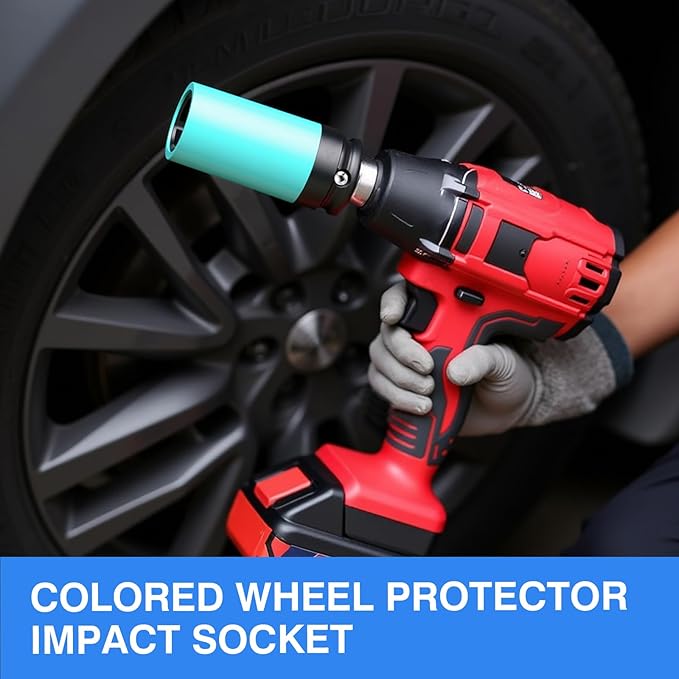 4PCS 1/2" Drive Wheel Protector Impact Socket, Non-Marring Lug Nut Deep Socket Set, CR-MO, 6 Point, Color-Coded Protective Socket | Metric 17 19 21 22 mm