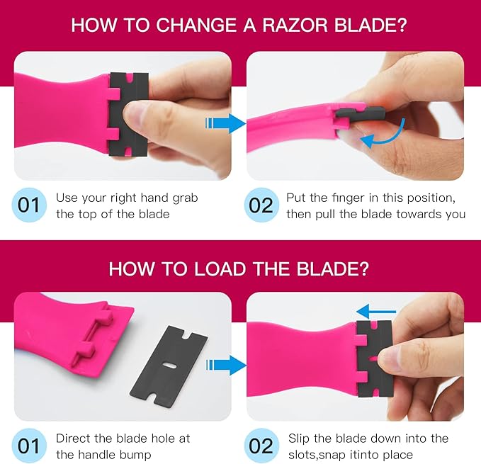 DEKEones Plastic Razor Blade Scraper, 2 Pack Razor Scraper with 100 Pcs Razor Blades for Removing Glue, Sticker, Decals, Tint from Car Window and Glass(Pink)