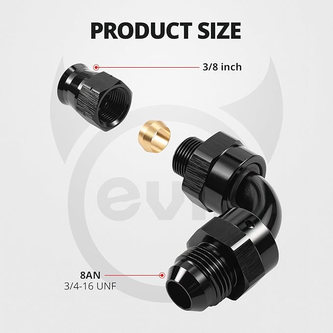 EVIL ENERGY 8AN Male to 3/8" Hardline Compression Fitting Adapter 90 Degree Aluminum Black