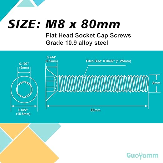 M8-1.25 x 80mm 10PCS Flat Head Hex Socket Cap Screws, Countersunk Bolts, 10.9 Grade Alloy Steel, Black Oxide Finish, Metric Allen Drive, Fully Threaded