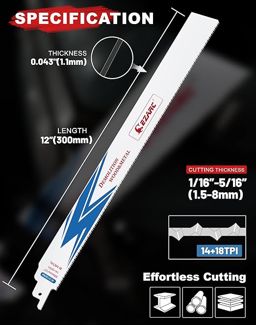 EZARC 25 Pack 12 inch 14+18 TPI Reciprocating Saw Blades for Auto Dismantling Steel Demon Bi-Metal for 1/16-5/16 Medium Metal R1210DM