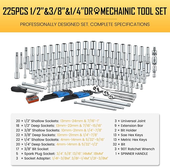 BOEN 225PCS Mechanic Tool Set, 1/4" & 3/8" & 1/2" Drive Socket Wrench Set, Metric and Standard Full Socket Set, with 90-Tooth Ratchet, Auto and Bike Repair with Heavy Duty Case