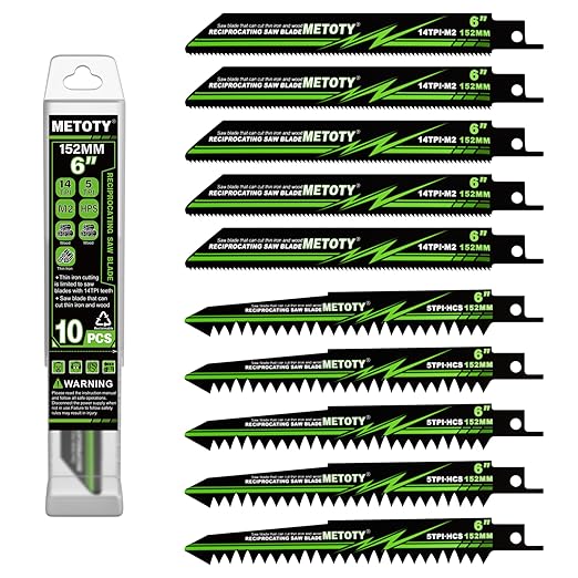 9 & 9.5-inch Reciprocating Saw Blade Set for Metal Wood Iron, 5 TPI (Tree Branches) & 14 TPI (Iron), 10 Pieces with Organizer Case, Durable HCS for Versatile Cutting