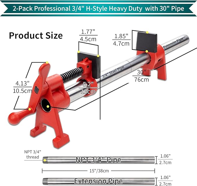 DEEFIINE 3/4 Inch Wood Gluing Pipe Clamp Set with 30" Metal Pipe, 2-Pack Professional H-Style Heavy Duty Quick Release Clamps for Woodworking(2)