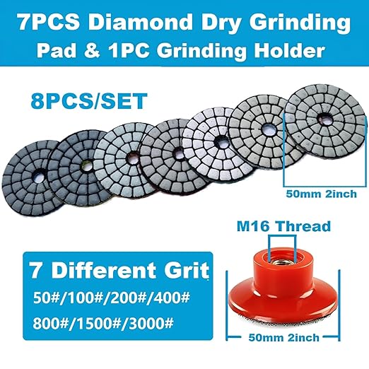 2inch 50mm Diamond Dry Grinding Pad, 7 Different Grit 50#-3000# Sanding Discs & M16 Thread Hook & Loop Backing Holder for Detail Fine Buffing Polishing (8Pcs/Set)