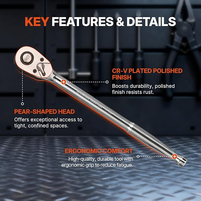 NORTHSKY 1/2" Drive Ratchet, 90-Tooth Gear, 4째 Swing Arc, 10-1/2" Length, Polished Finish, Alloy Steel, Reverse Switch, Offers efficiency in Tightening or Loosening Fasteners in Confined Spaces