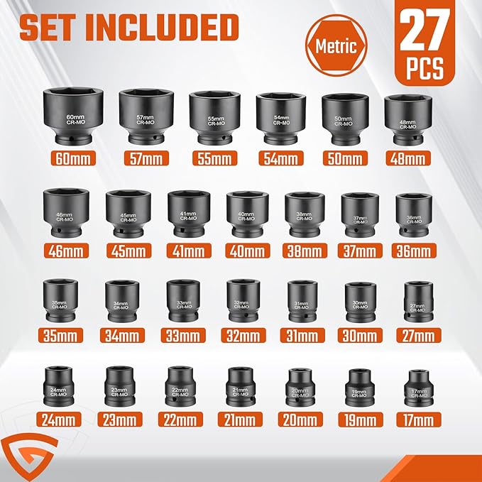 27 Piece 3/4" Drive 6 Point Metric Impact Socket Set | 17mm-60mm| Cr-Mo Steel