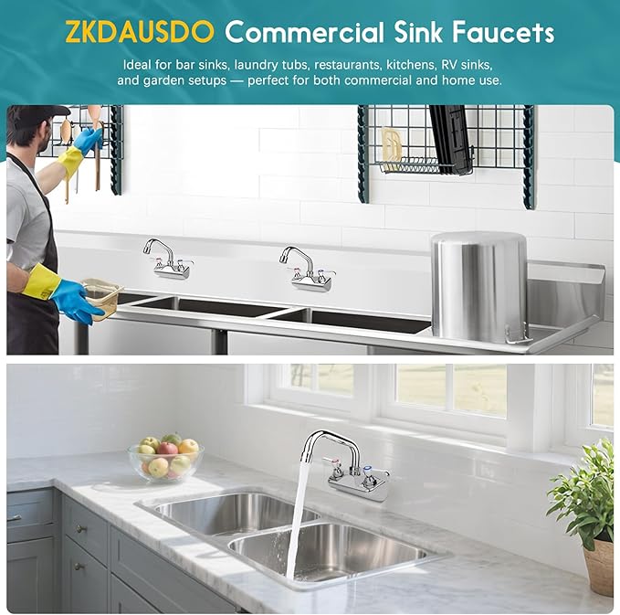 Leak-Free Commercial Sink Faucet 8" Swivel Spout, Wall Mount Kitchen Hand Sink Faucet with 4 Inch Center, 1/2" NPT Male Inlet, Brass Constructed & Chrome Polished, Dual Lever Handles