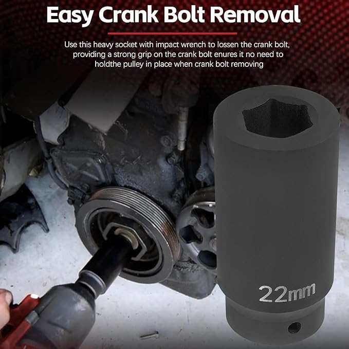 Sunluway 22mm Harmonic Balancer Socket Tool for Toyota Lexus Dodge Jeep and Ford, Deep Counter-weighted Socket, 3 Times Momentum Power of Standard Impact Socket