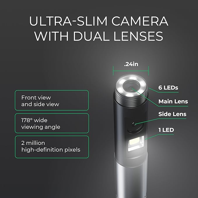 Two-Way Articulating Borescope 360째, Dual Lens Inspection Camera with Light, 6mm Lens Snake Camera for Mechanic Inspections, and Plumbing, .24in Borescope Automotive, Industrial Endoscope, 5ft