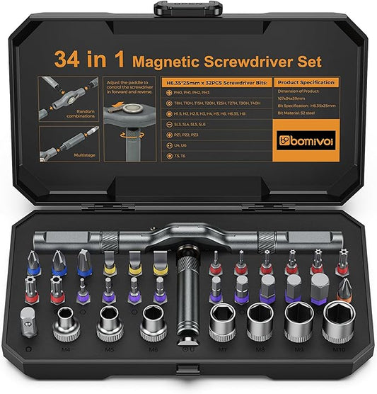 34 in 1 Magnetic Screwdriver Set, Ratcheting Screwdriver Set with 1/4??Socket Adapter, 24 Bits & 7 Hex Sockets, Modular Handle, DIY Tool Kit for Furniture, Appliance, Bicycle, Auto Repairs