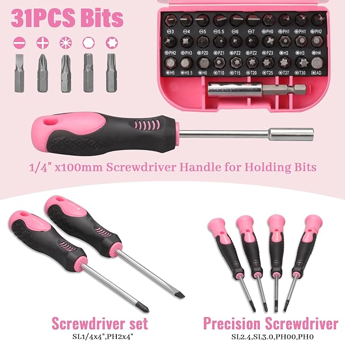 ARUCMIN 450-Piece Pink Tool Set, Home Tool Kit with Toolbox Storage Case Home Repair Tool Kit with Drawer for Women