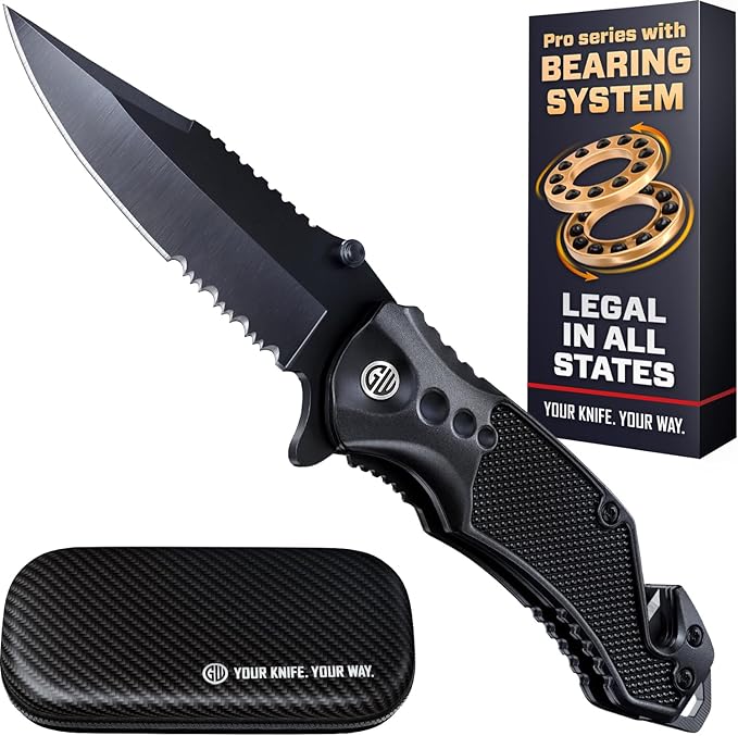 GOOD WORKER Legal Pocket Knife with 2.95??Serrated Blade, Glass Breaker, Seat Belt Cutter - EDC Sharp Folding Knives with Portable Clip - Small Tool for Tactical Camping Survival Hiking - Gifts for Men, Women