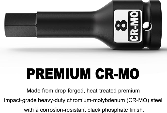 1/2" Drive 8 mm Hex Impact Bit Socket, H8 Allen Bit Socket, Metric, Cr-Mo Steel, Automotive Repair Industrial Maintenance and DIY Enthusiasts Alike