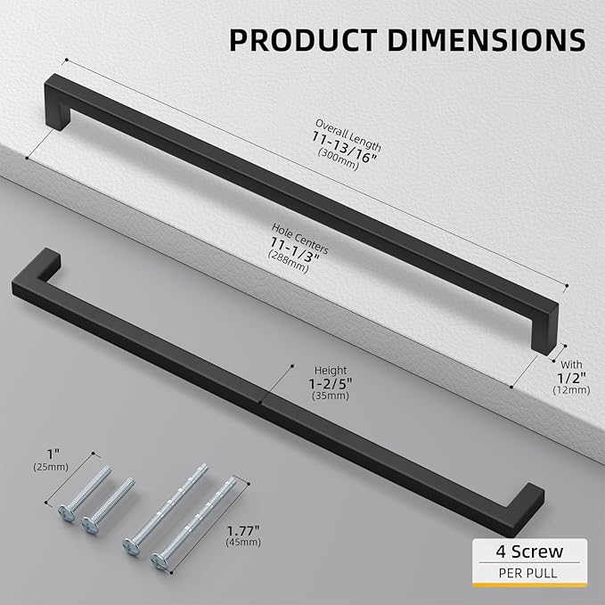 Goldenwarm 10 Pack Black Square Bar Cabinet Pull Drawer Handle Stainless Steel Modern Hardware for Kitchen and Bathroom Cabinets Cupboard,Center to Center 11-1/3in(288mm) Black Drawer Handles