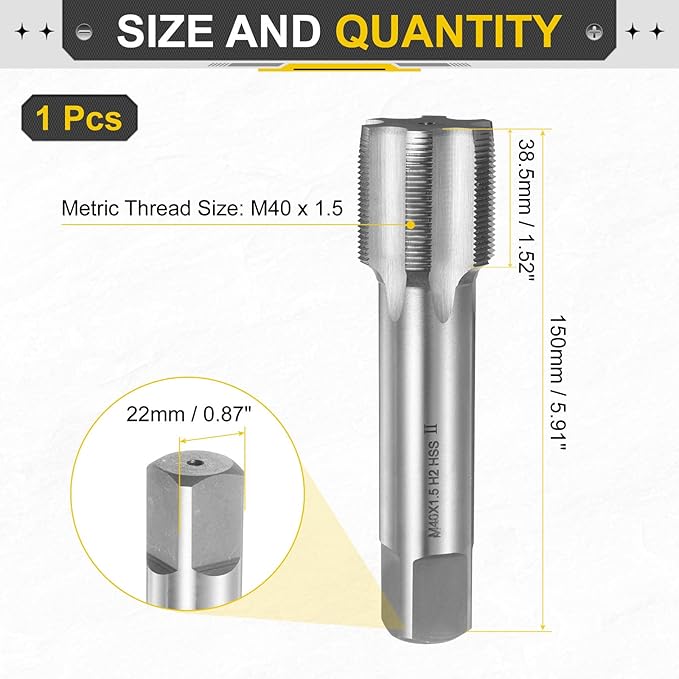 uxcell Hand Plug Tap M40 x 1.5 H2 Metric Thread Plug Style Taps Straight Flute Screw Tapping Threading Tool High Speed Steel HSS6542