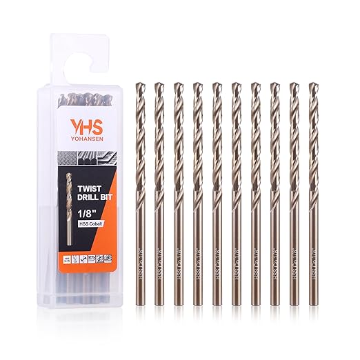 1/8 Inch Cobalt Drill Bits (10pcs), M35 High Speed Steel, 135 Degree Tip, Jobber Length Twist Drill Bit Set for Hard Metal, Stainless Steel, Cast Iron, Wood and Plastic, with Storage Case