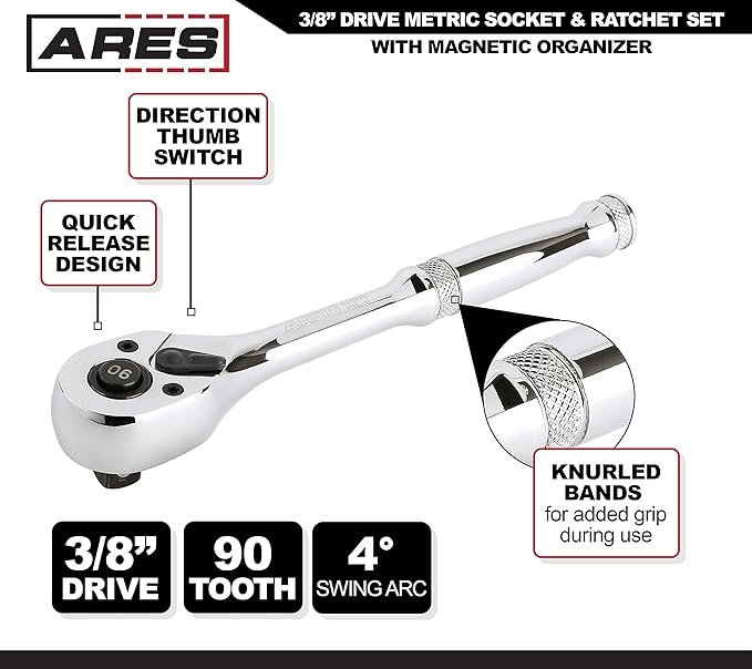 ARES 47004-32-Piece 3/8-inch Drive Metric Socket and 90-Tooth Ratchet Set with Magnetic Organizer - Sizes 6mm to 20mm Deep and Shallow Sockets