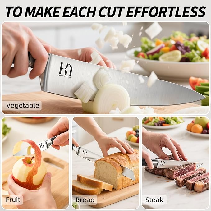 KnifeSaga Premium Knife Set 15 Pcs Quality Kitchen Knife Set with Block, Japanese High Carbon Stainless Steel Razor Sharp Knife Block Set, Acacia Wood Block Knife Set with Ergonomic Full-tang Handle
