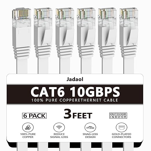 Jadaol Cat 6 Ethernet Cable 3 ft 6-Pack, 10Gbps Support Cat8 Cat7 Network, Flat High Speed LAN Internet Patch Cables, Short Ethernet Cables for Router, Modem, Switch, PC, Laptop, Gaming Console, White
