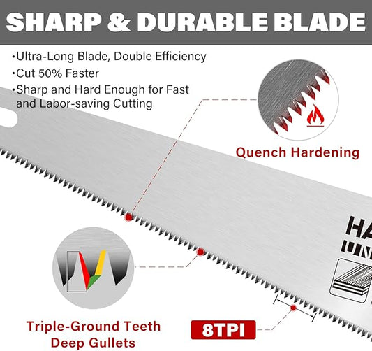 HAUTMEC 20" Universal Hand Saw, 8 TPI Triple-Ground Teeth, Low-Friction Blade, Ergonomic Handle with 45° & 90° Markers, Pro Handsaw for Wood, Plywood, Plastic, Tree Branch Cutting – HT0025
