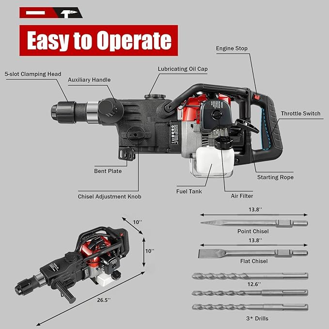 Gas Demolition Jack Hammer 33CC 2 Stroke Gasoline Concrete Breaker Punch Drill Breaker 4000BPM, Hammering Slotting Drilling Crushing 4 Functions, with 3 Drills & 2 Point Flat Chisels Set (33CC 1000W)