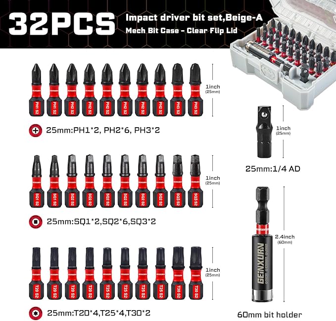 32Pieces Impact Screwdriver Bits Set, S2 Steel Magnetic Phillips/Square/Torx Muliti Insert Bits Tips Set with Impact Bit Holder and 1/4?쒾ocket Adapter(Beige Storage Box Case)
