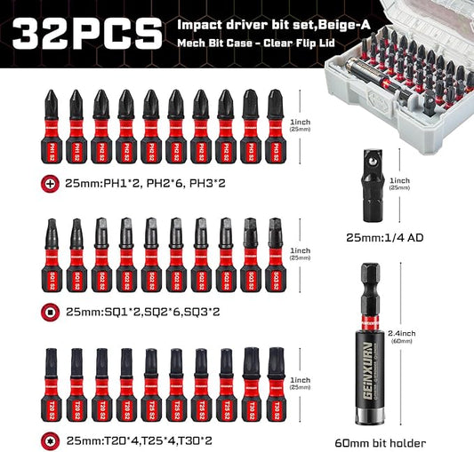 32Pieces Impact Screwdriver Bits Set, S2 Steel Magnetic Phillips/Square/Torx Muliti Insert Bits Tips Set with Impact Bit Holder and 1/4?쒾ocket Adapter(Beige Storage Box Case)