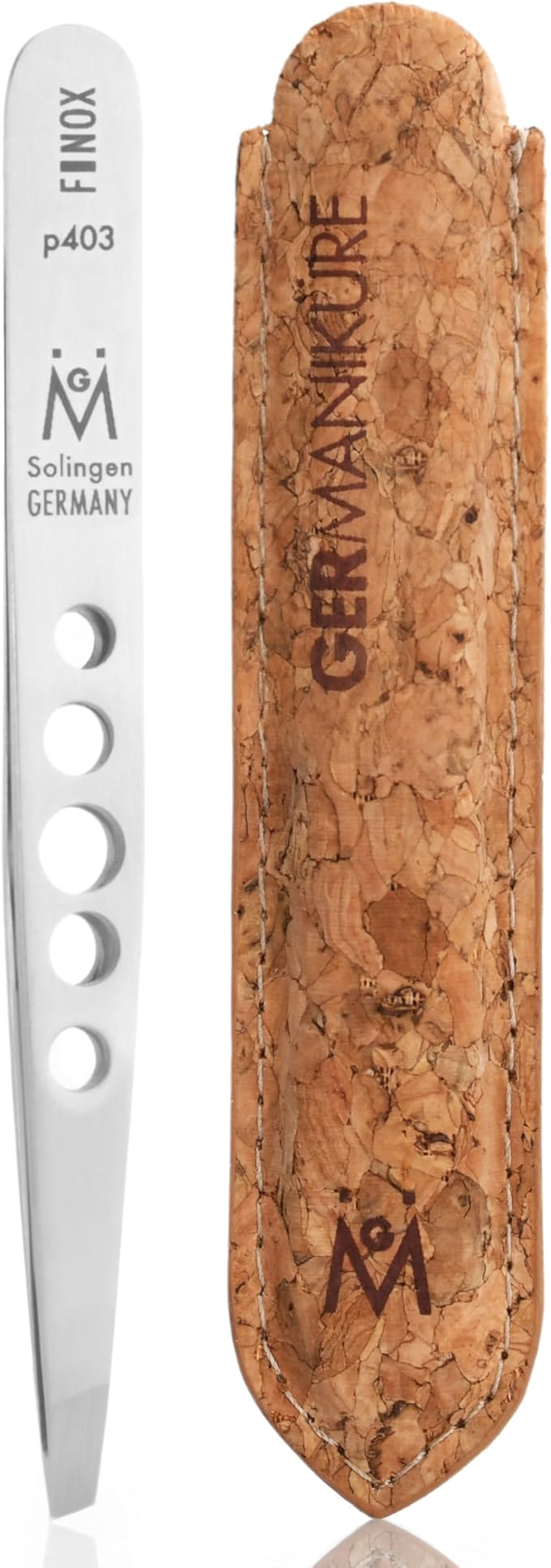 GERMANIKURE Professional Perforated Slanted Tweezers - FINOX Stainless Steel Sharp Tweezers in Cork Case - Easy to Use, Ethically Made in Solingen Germany