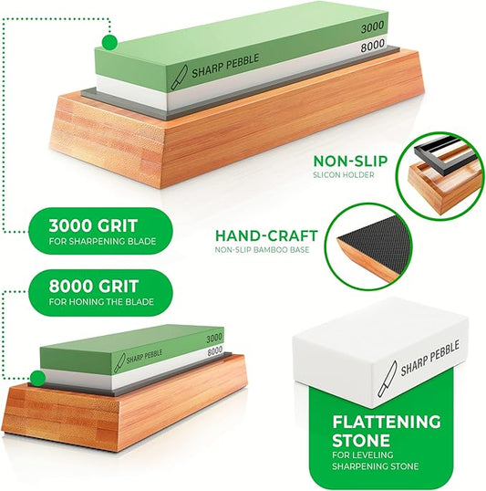 Sharp Pebble Premium Whetstone Knife Sharpening Stone 2 Side Grit 3000/8000 Wetstone Kit -Wetstone Kitchen Knife Sharpener with Non-Slip Bamboo Base & Flattening Stone