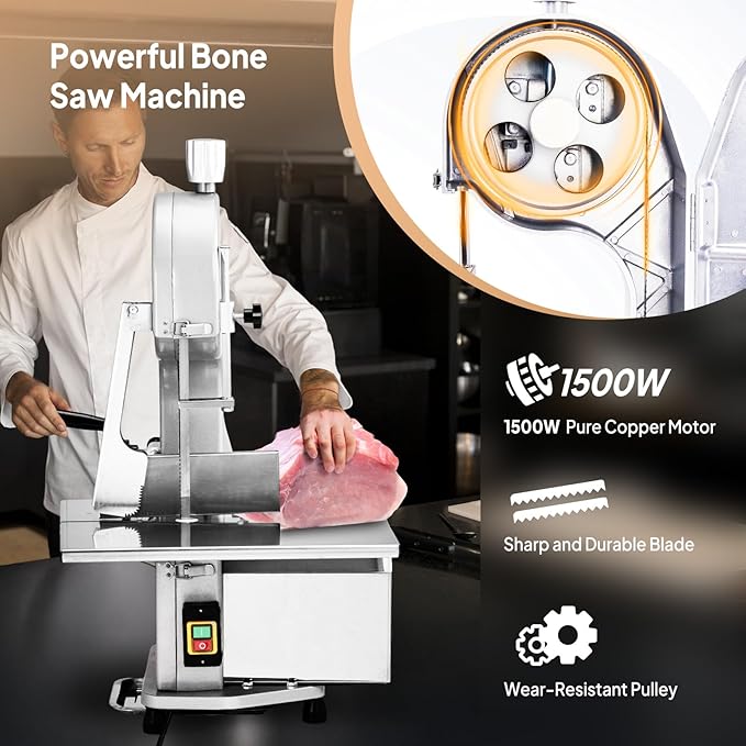 ROVSUN 1500W Electric Bone Saw Machine, 0.16-7.9Inch Cutting Thickness Frozen Meat Cutter with 6 Saw Blades, Commercial Bandsaw Machine Stainless Steel 19.4 x 15.2 In Table for Chicken Fish Beef