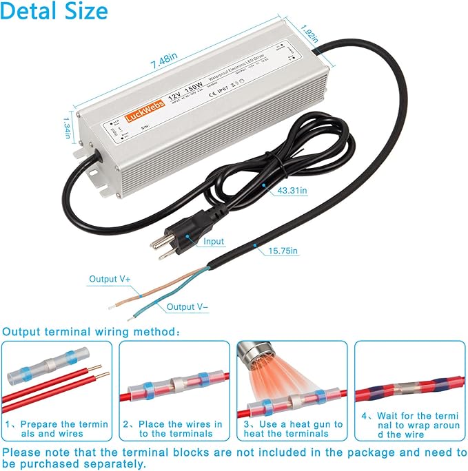 LED Driver 12V150W Waterproof Switching Power Supply AC90-130V to DC 12V12.5A Low-Voltage Transformer IP67 Converter Suitable for Indoor Outdoor LED Strip Lights and 12V DC Devices