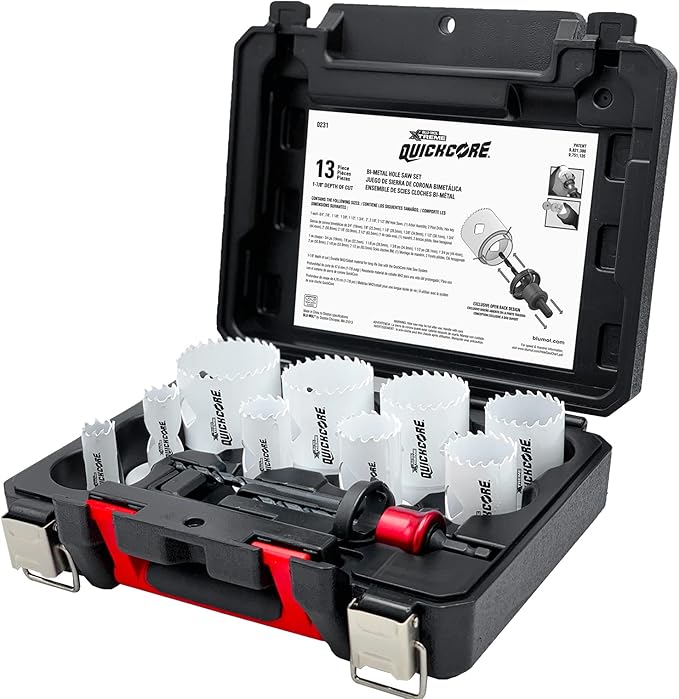 Disston QUICKCORE 13 pc Set - 3/4", 7/8", 1 1/8", 1-3/8", 1-1/2", 1-3/4", 2", 2 1/8",and 2-1/2" Hole Saws, & Quick Change Arbor, Part E0100231