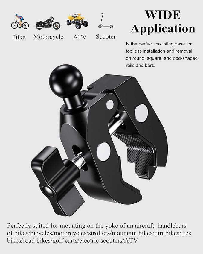 BRCOVAN 17mm Ball Clamp Mount Base with Aluminum Alloy Tough-Claw, Fit Handlebar Rail 0.5'' to 1.75'' in Diameter, Fit Bike Motorcycle Phone Mount Holder with 17mm Ball Socket & Double Socket Arm