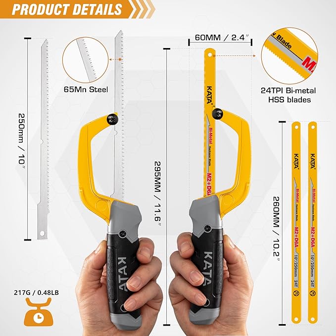 KATA Mini Hacksaw for Metal Cutting, Compact Hand Hack Saw Tool with 10 Inch Aluminum Frame, 2PC Extra Flexible M2+D6A HSS Blades and 1PC Woodworking Saw Blade, Cuts Thin-Wall Metal in Tight Spaces