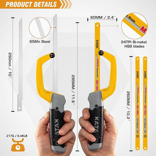 KATA Mini Hacksaw for Metal Cutting, Compact Hand Hack Saw Tool with 10 Inch Aluminum Frame, 2PC Extra Flexible M2+D6A HSS Blades and 1PC Woodworking Saw Blade, Cuts Thin-Wall Metal in Tight Spaces